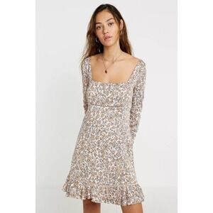 Free People Size 6 Boheme Ivory Floral Mini Dress Long Sleeve Square Neck Ruffle